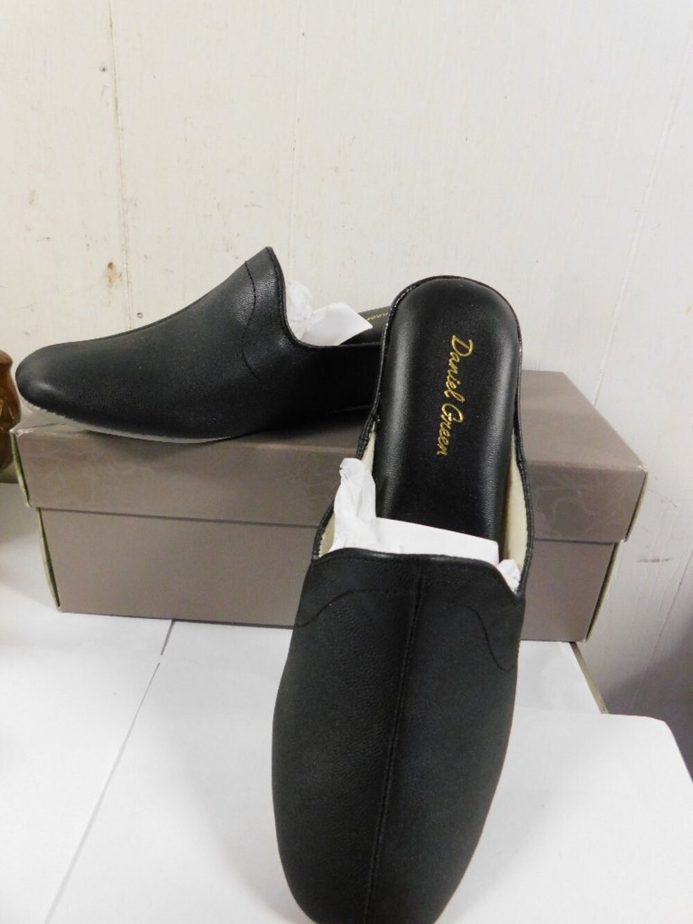 Daniel Green Glamour Black Kidskin Slip on House Shoes NEW in Box 6.5M